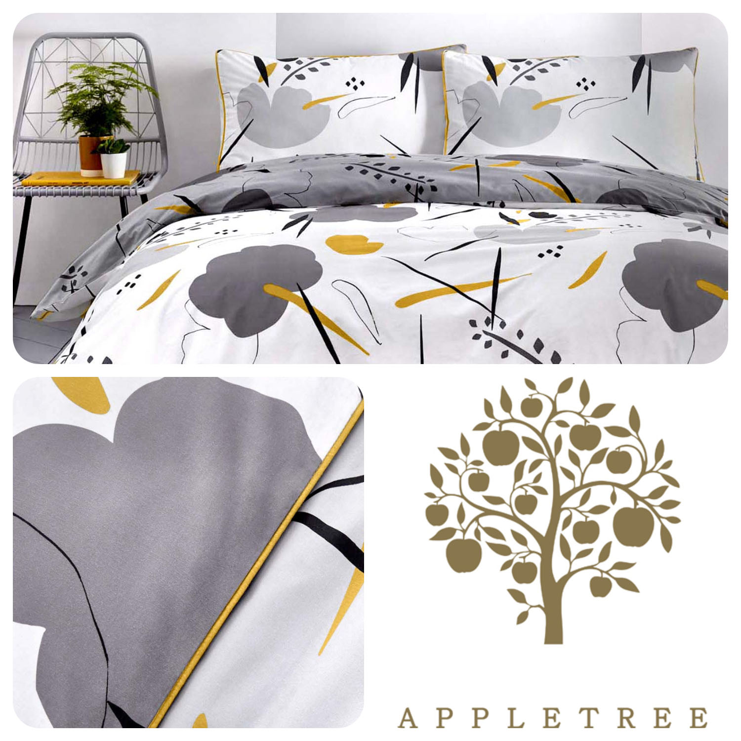 Appletree Raphael Grey Ochre 100 Cotton 180 Tc Luxury Duvet