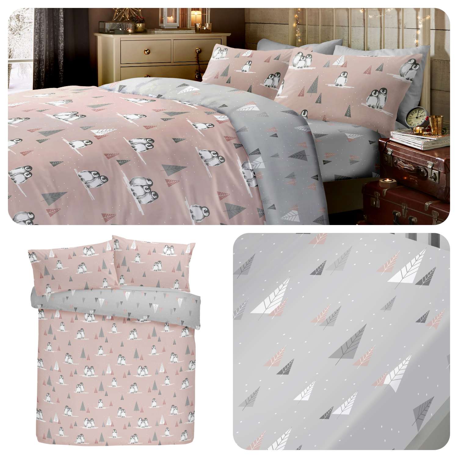 Fusion Winter Penguins Xmas 100 Brushed Cotton Duvet Cover Set