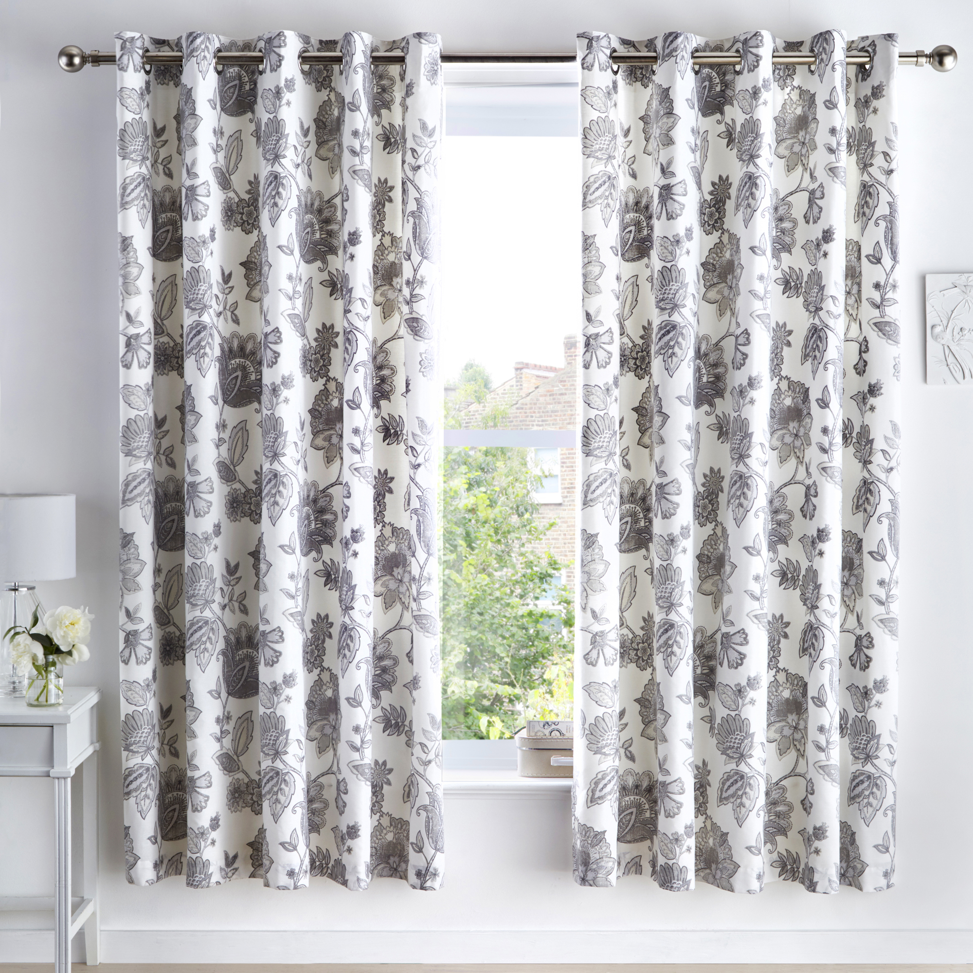 Dreams & Drapes MARINELLI Floral Curtains Grey Pair Eyelet Ready Made