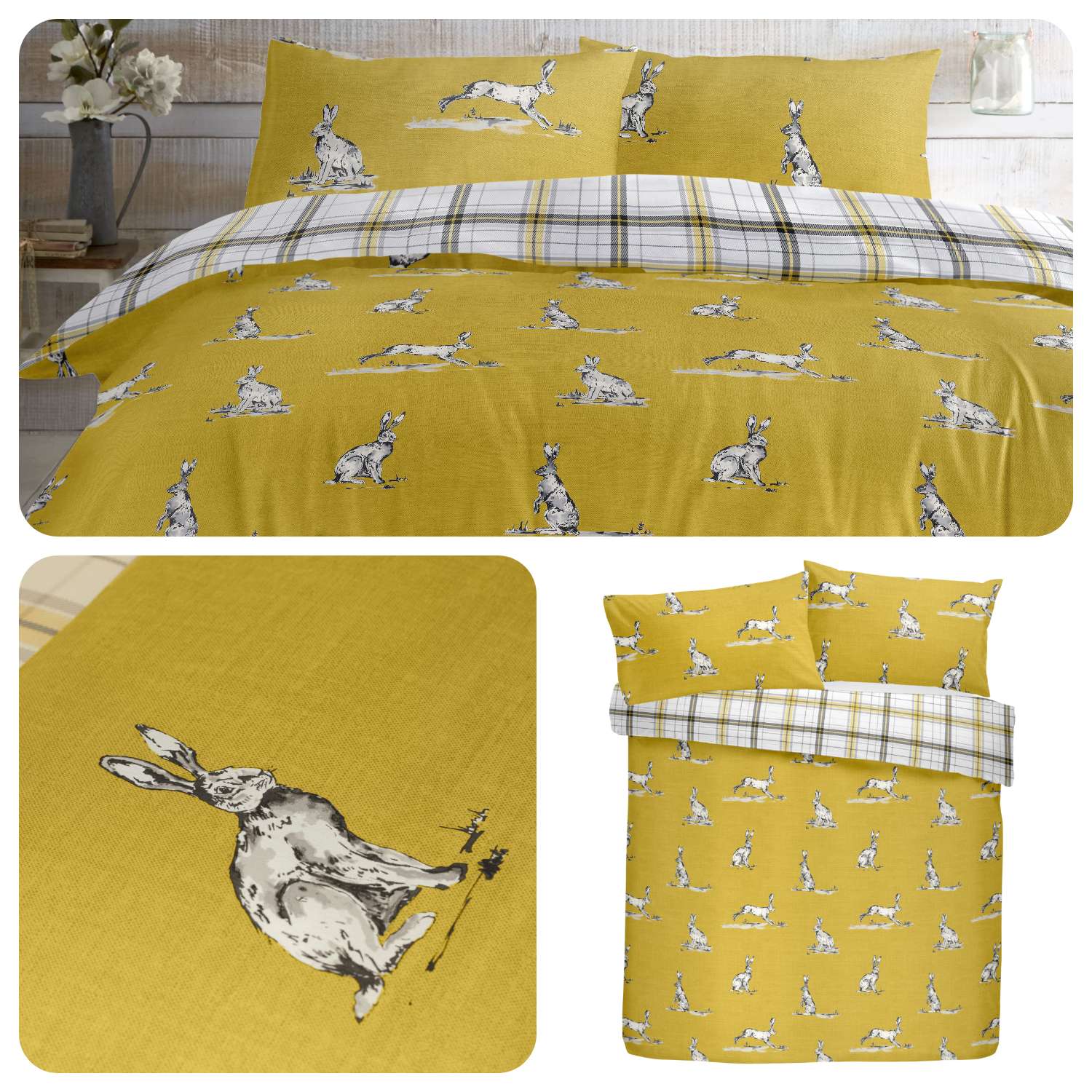 Fusion Hare Ochre Yellow Reversible Checked Easy Care Duvet Cover
