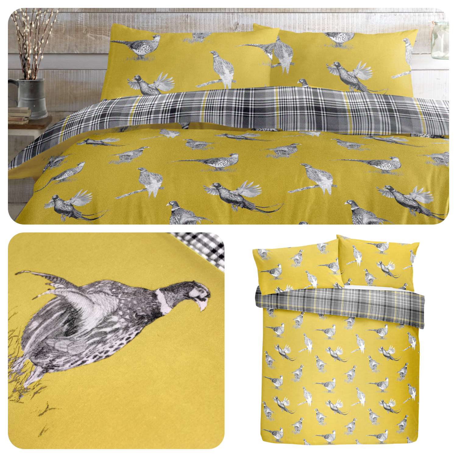 Designer Country Pheasant Bedding Reversible Easycare Grey Birds Duvet Cover Set